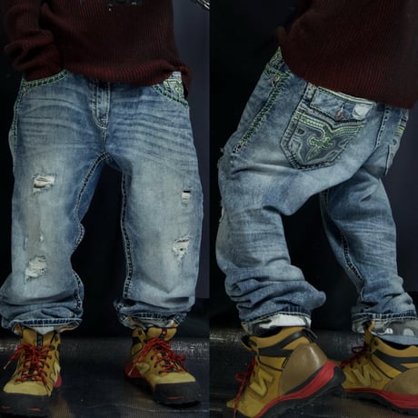 Rock Revival Fleurdelis Embroidery Orange Selvage Camouflage Switch Loose Straight Damage Wash Denim