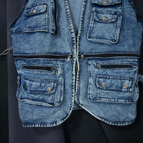 USED Chemical Wash Multi Pockets&Zipper Tech Gimmick Denim Vest