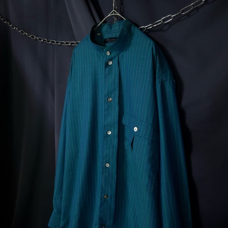 USED Fabric Italy Fake Reversible Pure Cotton Chalk Stripe Graduation Emerald Band Collar L/S Shirts