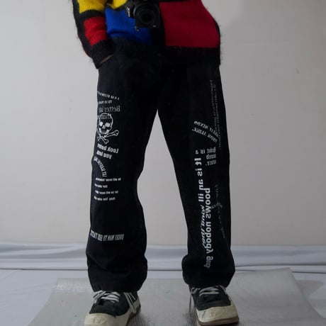 USED Skull&Proberbs Design Denim Baggy Pants