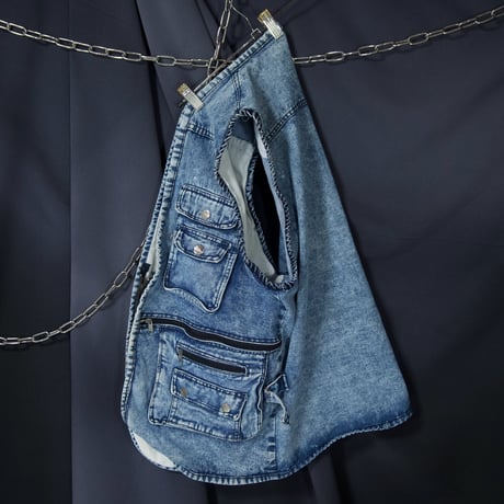 USED Chemical Wash Multi Pockets&Zipper Tech Gimmick Denim Vest