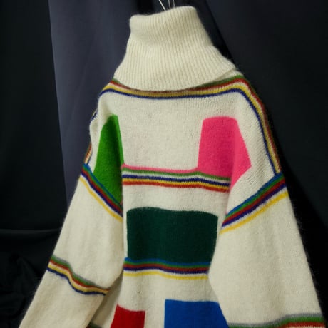 80s Yamamoto Kansai Multi Colors Borders Geometric Patterns Turtle Neck Mohair Knit Sweater