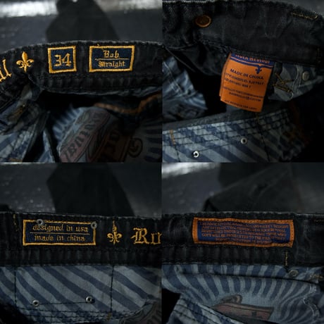 Rock Revival W38 Fleur de lis Embroidery Orange Selvage Piece Dyed Black Loose Straight Denim