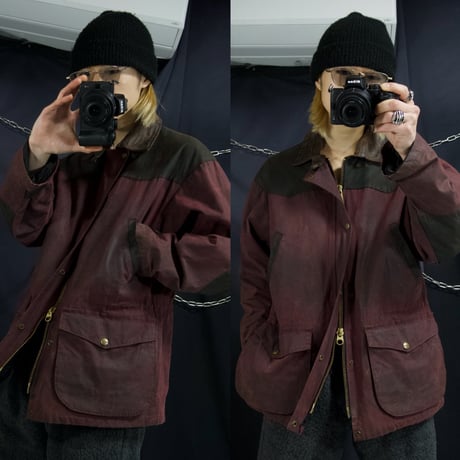 80s~90s KOOLAH Canada made BEDALE type Leather Collar Elbow Patch 2tone Switching Oiled Jacket