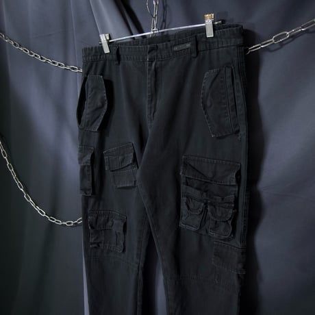 USED Multi Pockets Loose Tapered Piece Dyed Black Cotton Pants