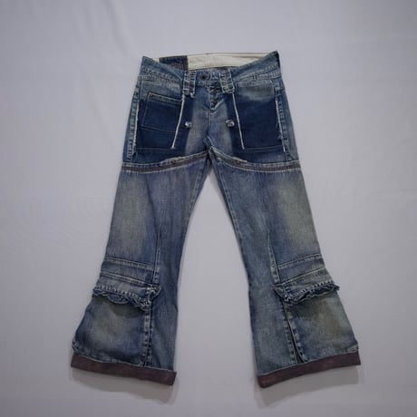 Marithe Francois Girbaud Switching Seam Cargo Pocket Design Flare Denim