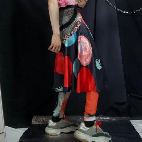 14AW TSUMORICHISATO Moon Dots GlenCheck Flower FullGraphic Silk 100% Tucks Flare Draping Midi Skirts