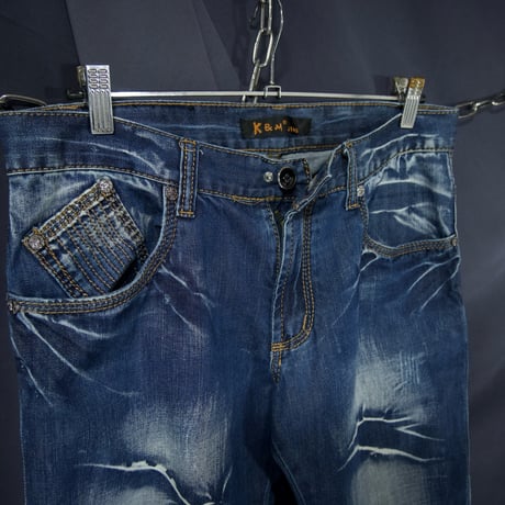 K&M Jeans KOSMO MODA Feathers Embroidery Silver Stitched Wash Denim
