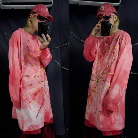 90s USA made Anvil Radial Splatter 3D Painting Tie Dye Long Length L/S Tee Dress