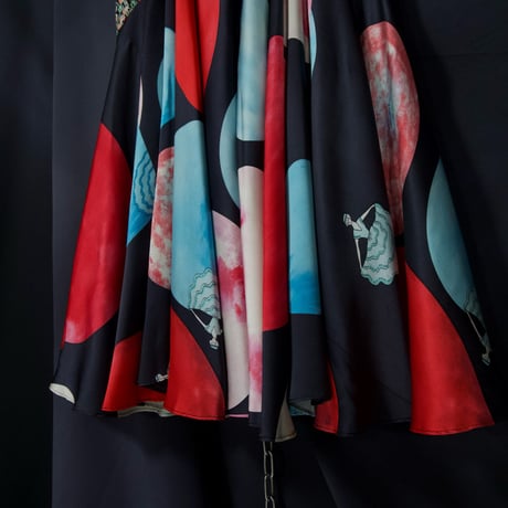 14AW TSUMORICHISATO Moon Dots GlenCheck Flower FullGraphic Silk 100% Tucks Flare Draping Midi Skirts