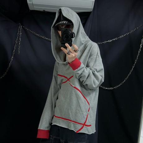 USED “ Deformation Design “ Wide V-Neck Over Hoodie Cut Off Sweatshirt