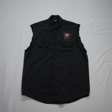00s Ocean City Maryland Biker Skull Design Cutoff No Sleeves Denim Shirts