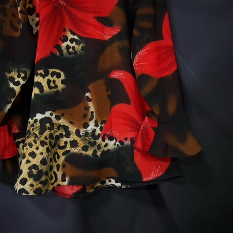 Euro USED Leopard×Flower Flare Sleeves 7/S Open Collar Frill Shirts