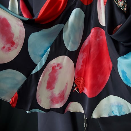 14AW TSUMORICHISATO Moon Dots GlenCheck Flower FullGraphic Silk 100% Tucks Flare Draping Midi Skirts