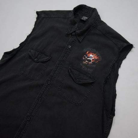 00s Ocean City Maryland Biker Skull Design Cutoff No Sleeves Denim Shirts