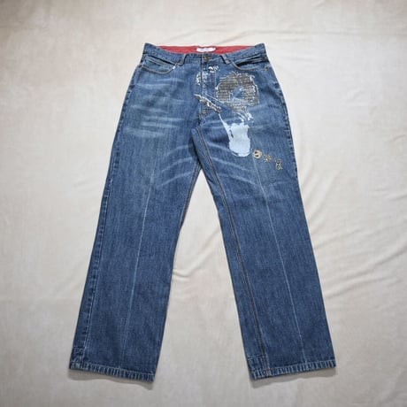 Indigo Red Design Wide Denim Pants