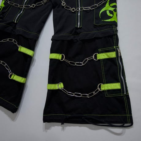 TRIPP NYC Chains Studs Zip Biohazard Print Detachable Parachute Bontage Raver Pants