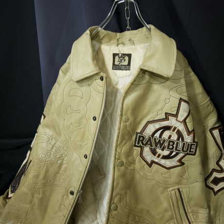 90s~00s RAWBLUE “Junk” All Embroidery Cross Emblem Patches PU Leather Stadium Jacket