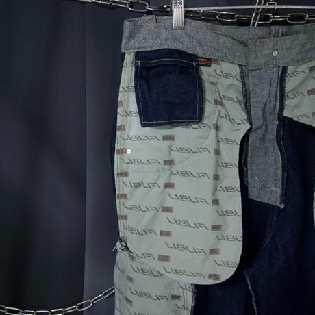 FUBU Matt Silver Grey/Indigo Blue Fake Reversible Baggy Cargo Raw Denim Pants