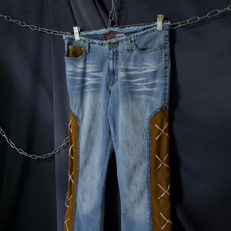 LazerJeans Side Fake Suede Leather Lace-Up Low Rise Wash Flare Denim