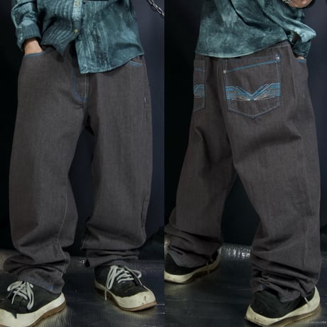 JINZU W38L30 Turquoise blue Embroidery Stitched Dark Grayish Red Baggy Denim