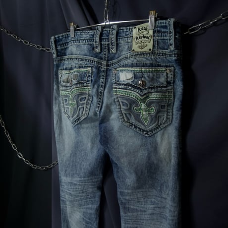 Rock Revival Fleurdelis Embroidery Orange Selvage Camouflage Switch Loose Straight Damage Wash Denim