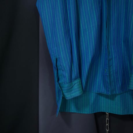 USED Fabric Italy Fake Reversible Pure Cotton Chalk Stripe Graduation Emerald Band Collar L/S Shirts