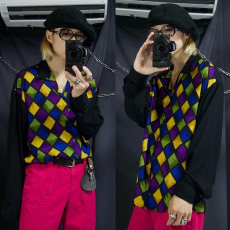 90s BUONUOMO USA Made Gradation Diamond Check Rayon100% L/S Open Collar Shirts