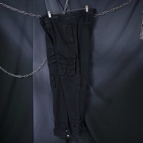 USED Multi Pockets Loose Tapered Piece Dyed Black Cotton Pants