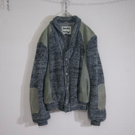 80s Pioneer Wear Suede Leather Switched Oversized Acrylic Knit Cardigan