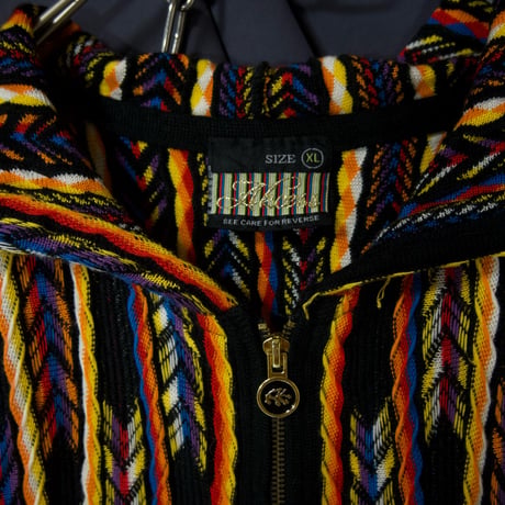 00s Ak:cess Multi Color Border Stripe Oversized Acrylic Full zip 3D Knit Hoodie Sweater