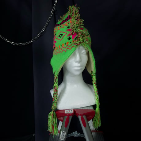 USED Mohawk Cyber Neon Color Fringe Ear Bird’sEye FairIsle Knit Cap