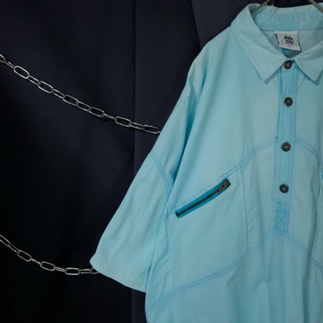 90s Euro C&A Cotton(Pique/Gauze Switch)DropShoulder BoxSilhouette HalfButtons Pullover S/S Shirts