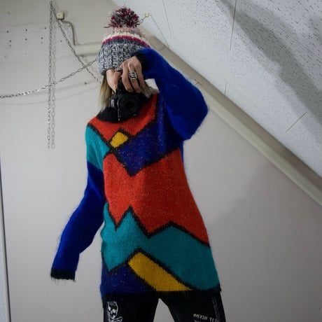 80s CLAUDIA D Geometric Patterns Glitter Thread Turtleneck Mohair Knit