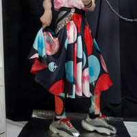 14AW TSUMORICHISATO Moon Dots GlenCheck Flower FullGraphic Silk 100% Tucks Flare Draping Midi Skirts