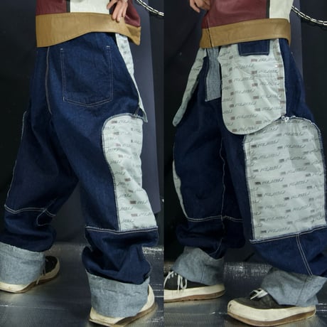 FUBU Matt Silver Grey/Indigo Blue Fake Reversible Baggy Cargo Raw Denim Pants