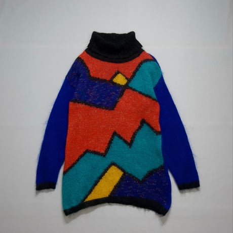 80s CLAUDIA D Geometric Patterns Glitter Thread Turtleneck Mohair Knit