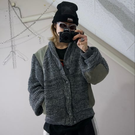 80s Pioneer Wear Suede Leather Switched Oversized Acrylic Knit Cardigan