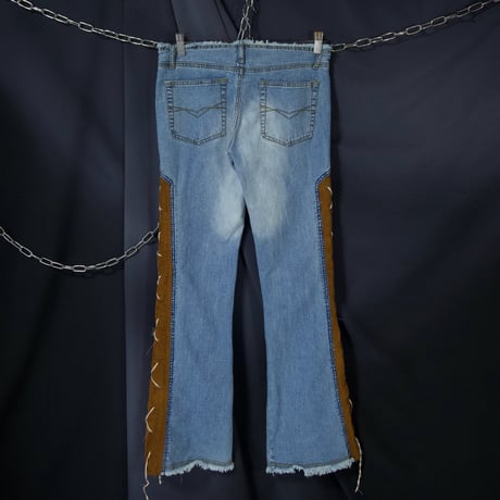LazerJeans Side Fake Suede Leather Lace-Up Low Rise Wash Flare Denim