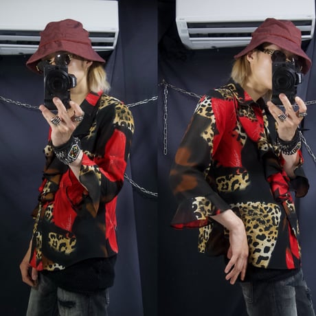 Euro USED Leopard×Flower Flare Sleeves 7/S Open Collar Frill Shirts