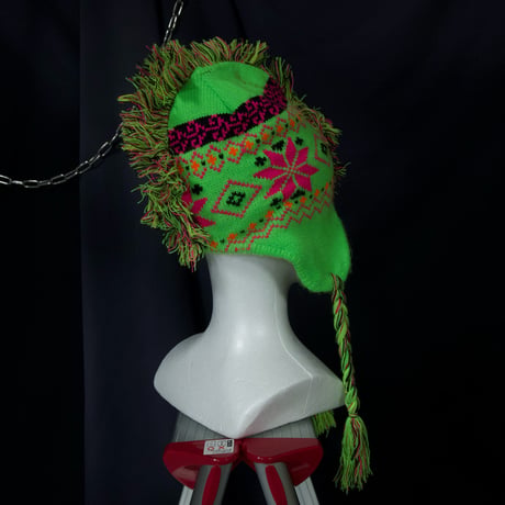 USED Mohawk Cyber Neon Color Fringe Ear Bird’sEye FairIsle Knit Cap