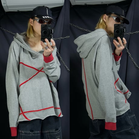USED “ Deformation Design “ Wide V-Neck Over Hoodie Cut Off Sweatshirt