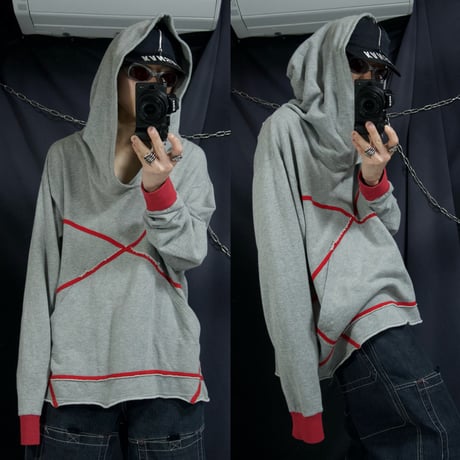 USED “ Deformation Design “ Wide V-Neck Over Hoodie Cut Off Sweatshirt