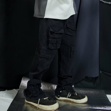 USED Multi Pockets Loose Tapered Piece Dyed Black Cotton Pants