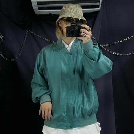90s HARRY KAYN Smoky Emerald Silk MA-1 type Box silhouette Bomber Jacket