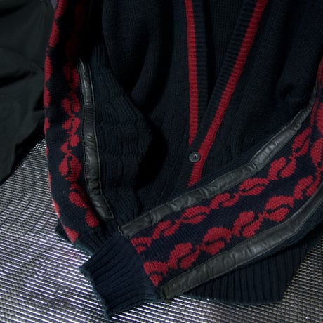 90s Michael Gerald Kiss marks Leather Switched Drop Shoulder Oversized Acrylic Knit Cardigan