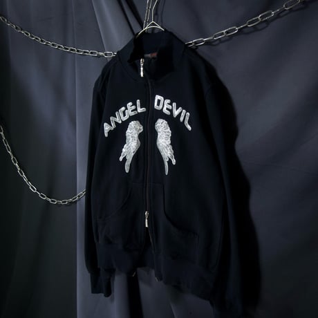 ANGEL DEVIL Italy made Sequins Feather Double Zipper HighNeck Sweatshirt