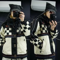 90s NICOLE SPORTS PU Laminate Coated Tricolor Checkered Flag Pudding Nylon Jacket/Mountain Hoodie