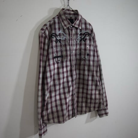 USED 00s taste Ombre Check Tribal Design L/S Western Shirts