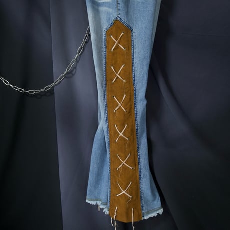 LazerJeans Side Fake Suede Leather Lace-Up Low Rise Wash Flare Denim